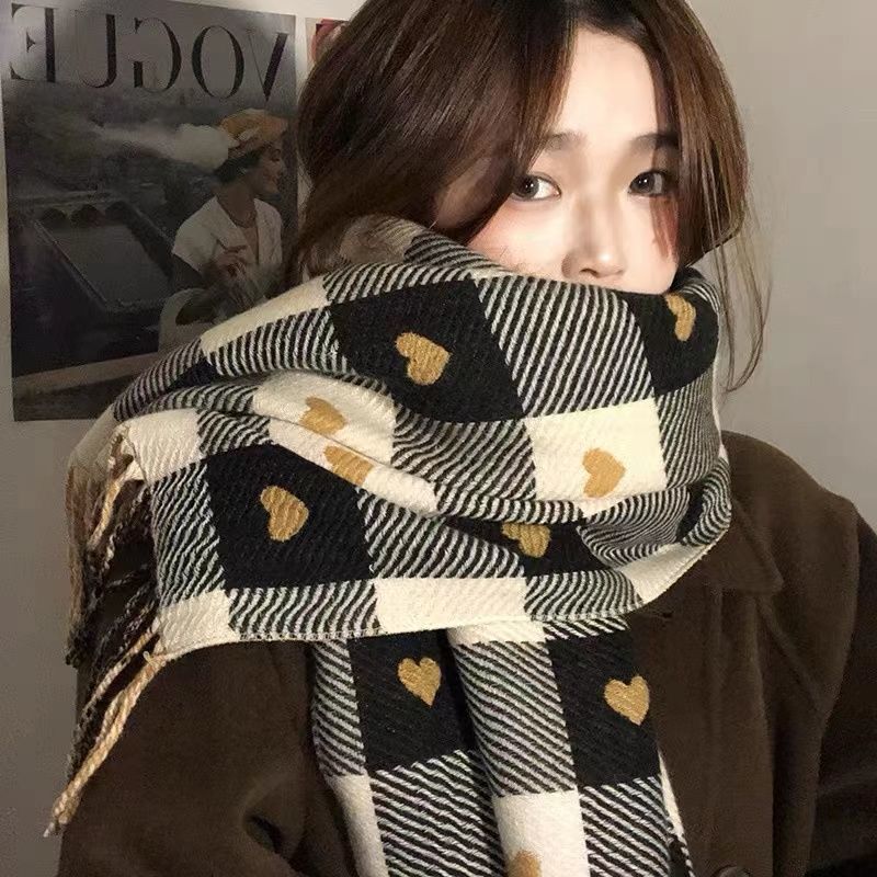 New Bear Hair Plaid Imitation Cashmere Thickened Autumn and Winter Warm Scarf Fashionable and Versatile Double Sided Love Tassel Scarf