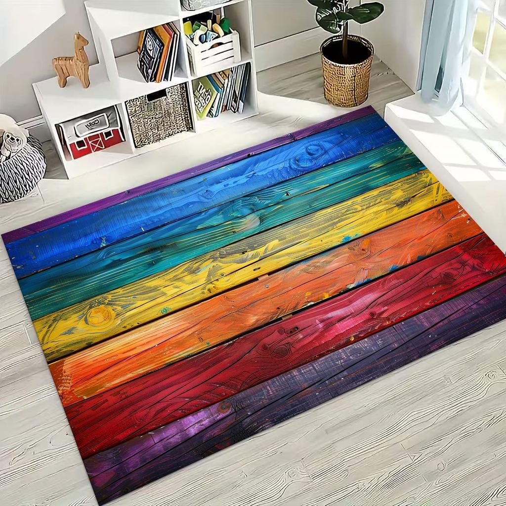 Rainbow Retro Wooden Board Black Brown Wood Grain Rug for Bedroom Living Room Sofa Home Doormat Decor,Large Non-slip Floor Mat