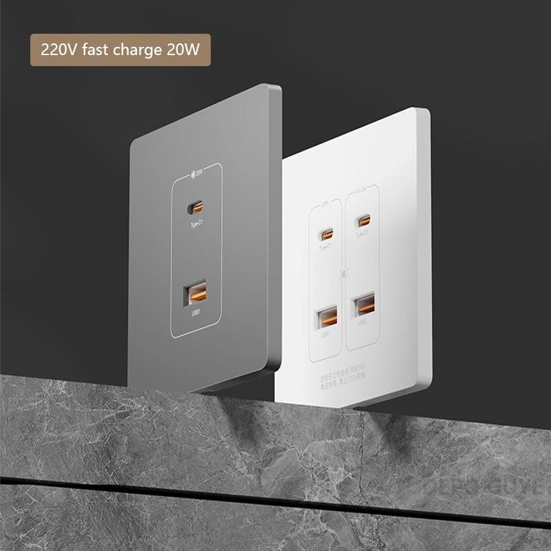 White Universal Smart Wall USB C Socket,20W Fast Charge Type-c 4port USB Plug Adapter Outlet,220V PC Electrical Power Socket