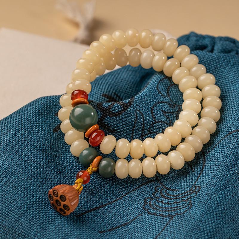 Cream Yellow Jade Bodhi Root Bracelet for Men and Women, Buddhist Beads, Cultural Toys, Bodhi Abacus Beads, Double Circle Cultural Toys, Lotus Pods