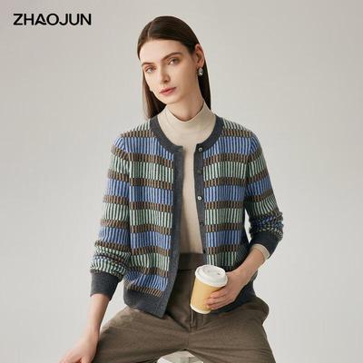 Zhaojun 2025 Осень/Зима Женский кардиган-свитер с круглым вырезом, 100% кашемир
