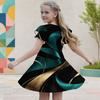 Girls Round Neck Flutter Short Sleeve Blue Floral Printed Black A Line Dress