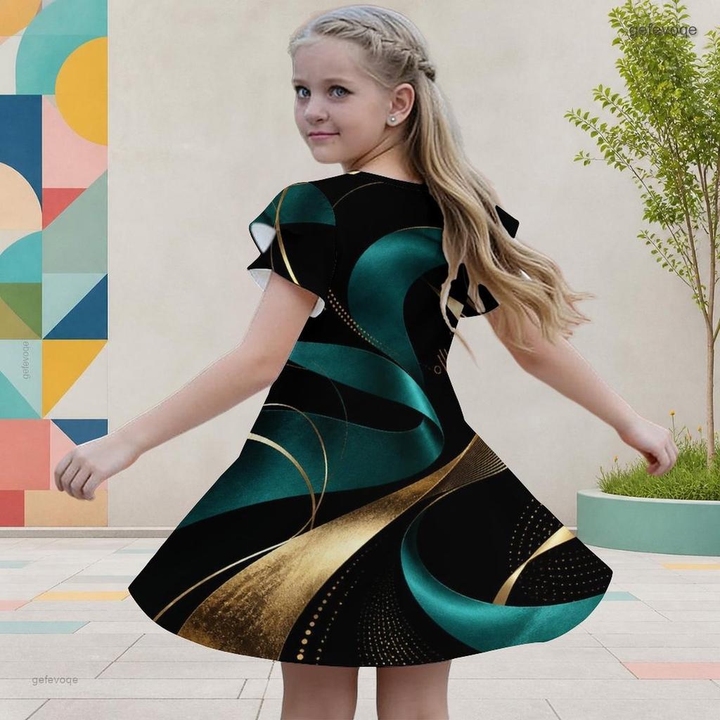 Girls Round Neck Flutter Short Sleeve Blue Floral Printed Black A Line Dress