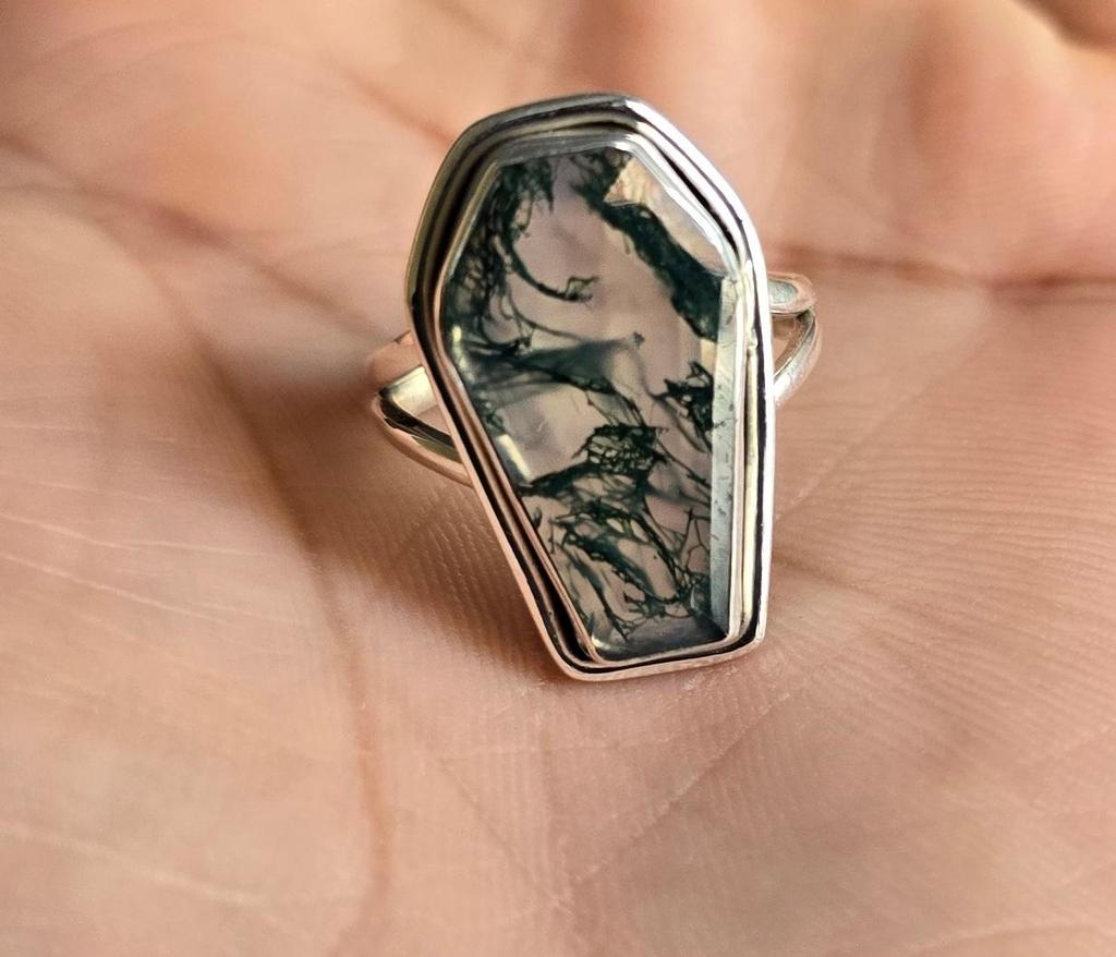 Coffin Ring, Moss Agate Ring, 925 Sterling Solid Silver Ring, Handmade Jewelry, Boho Ring, Green Gemstone Ring, Statement Ring, Promise Ring
