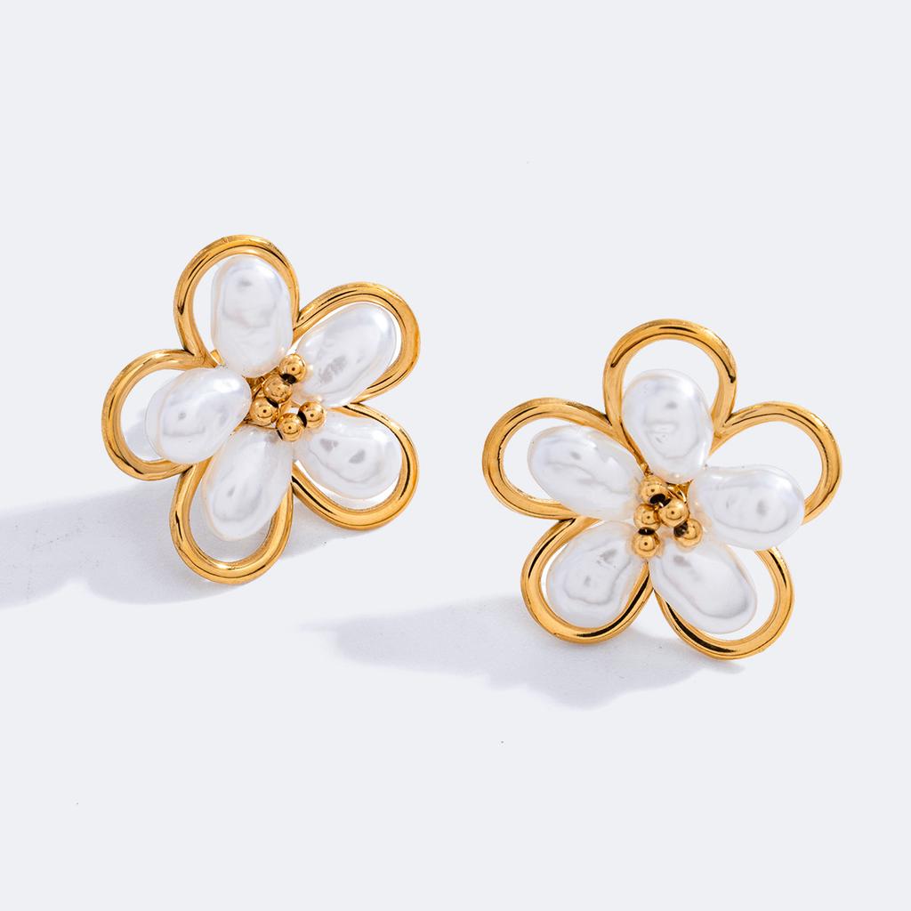Trendy Gold Color Metal Pearl Flower Stud Earrings for Women Girl Stainless Steel Elegant Statement Daily Wear Zircon Bijoux