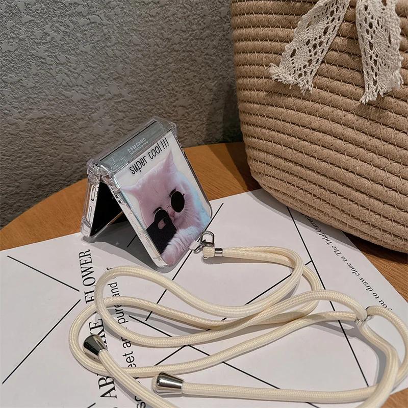 Для Samsung Galaxy Z Flip 6 5 4 3 Чехол Z Flip5 ZFlip 5 ZFlip5 Милый Кот Длинный Шнурок Кроссбоди Жесткая Ударопрочная Крышка