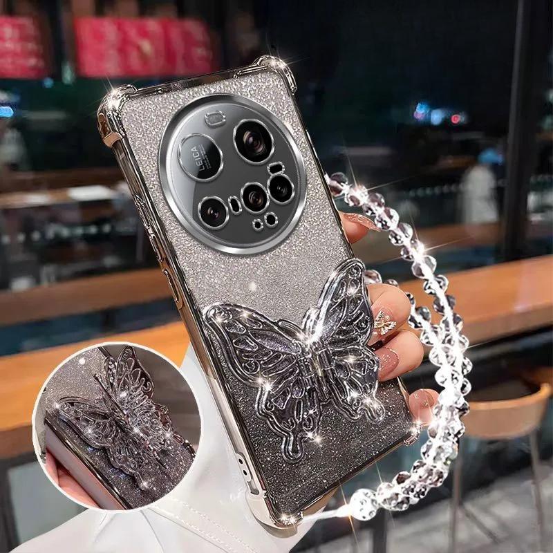 Противоударный чехол с блестящим покрытием для Xiaomi 15 Ultra 14 14T 13 12 11 Pro Lite 3D подставка-бабочка для телефона, браслет из бусин, задняя крышка