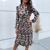 Spring Women Pleated High Waist V Neck Long Sleeve Lace Up Print Dress
