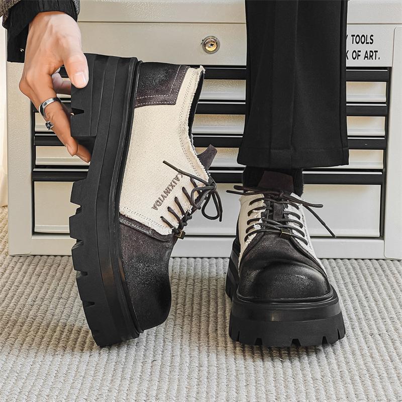 Premium Black Small Leather Shoes Loafers Platform Heightening British Style Single Shoes Lace-up Korean Version Versatile 30339-J