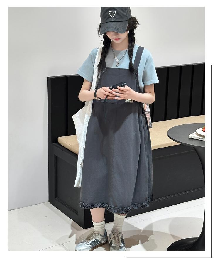 Girls' summer outfit set 2026 new Korean style simple T-shirt shoulder strap skirt stylish two-piece set for children