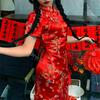 Кипао оверсайз Красный дракон Мини чонсам Женские атласные платья Платья в китайском стиле Винтажное платье кипао с воротником-мандарин