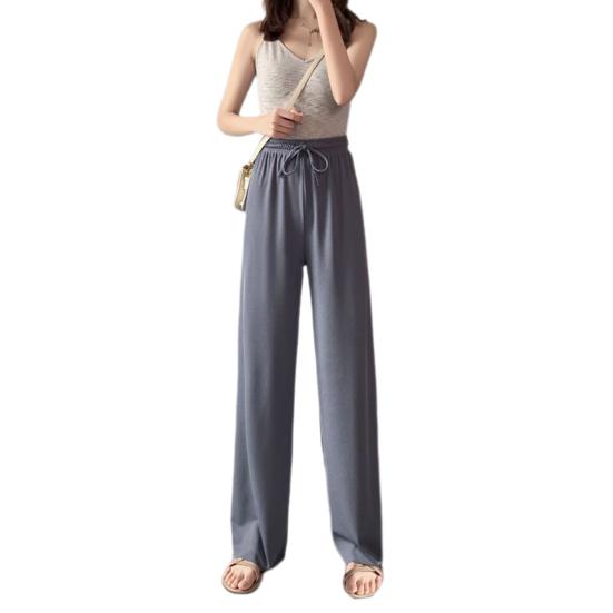 Women Ice Silk Pants Elastic High Waist Adjustable Drawstring Straight Wide Leg Pants Solid Color Long Trousers Daily Wear