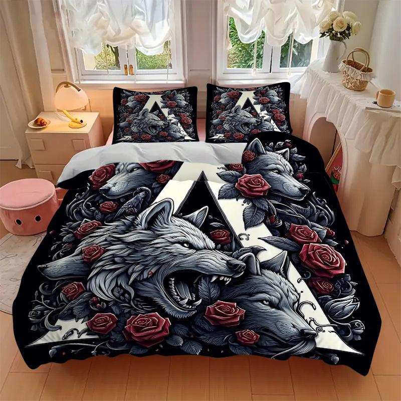 3pcs Wolf Pack Rose Crest Print Cover Set Ultra Soft, Breathable