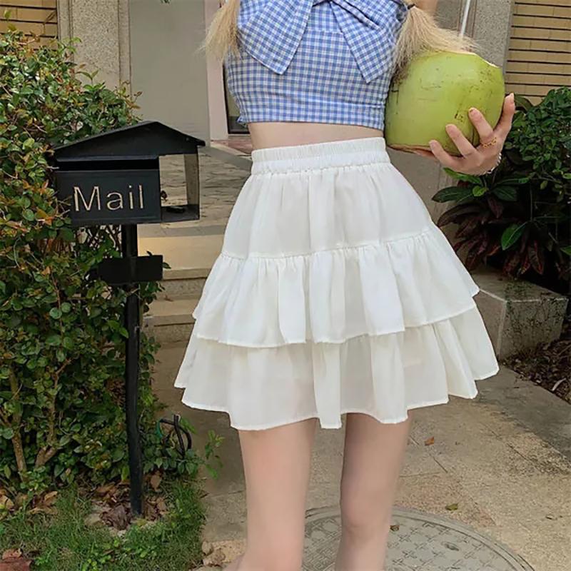 Black White Mini Skirts Women Spring Summer All-match Double Layer Cake Skirt Elastic High Waist Loose Ruffles Tutu Skirt