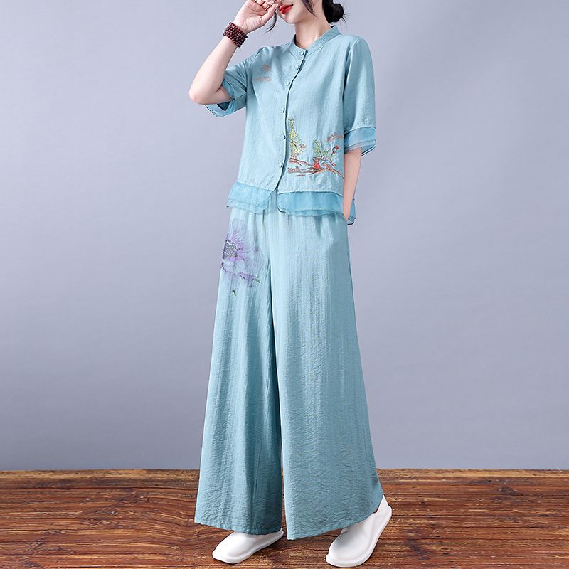Костюм в этническом стиле, женские топы из рами, летние хлопково-льняные кардиганы, китайский льняной свободный костюм из двух предметов с вышивкой