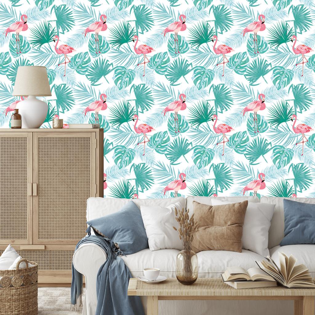 Tropical Leaves Flamingos Wallpaper for Living Room and Bedroom 50x1000