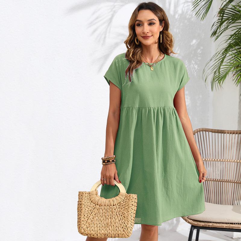 Fashion Summer Round Neck A-line Loose Dress Women Elegant Slim Fit Pockets Temperament Casual Dresses Woman Simple Vintage Slim Female Dress 26482