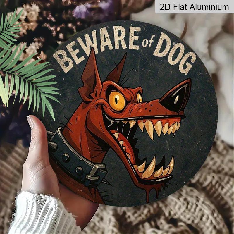 2D Flat Retro Dangerous Dog Warning Sign-durable Metal Warning Board, Decorated with Fierce Red Dog and Iron Chain Pattern-20x20 Cm/7.8 Inches