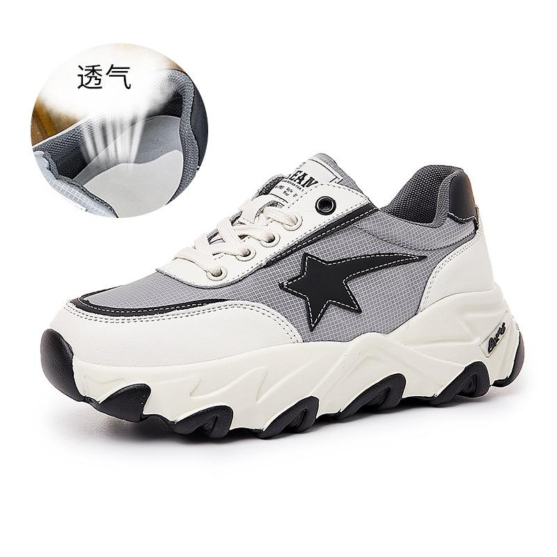 Кожаные папины туфли женские весна 2025 новые толстые подошвы увеличивающие рост спортивные туфли женские на плоской подошве повседневные беговые звезды женские туфли