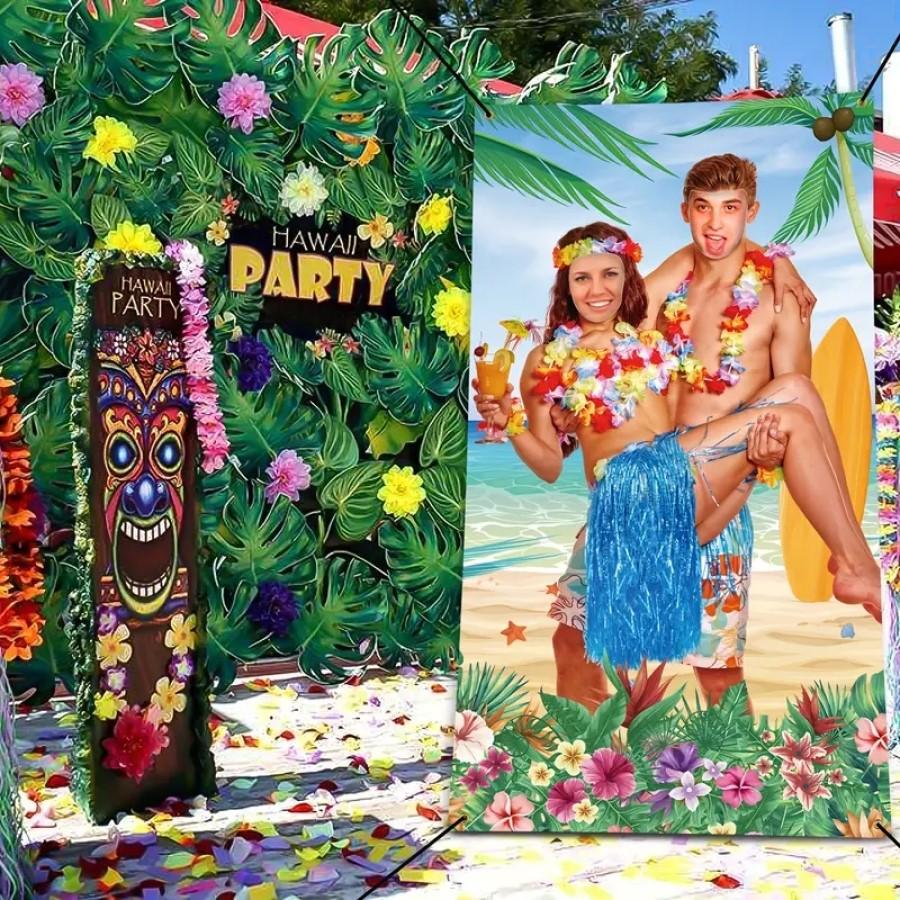 1Pc, Hawaiian Luau Couple Photo Banner Props Hanging Photo Backdrop Decor For Aloha Party Tropical Beach Party Favors Supplies