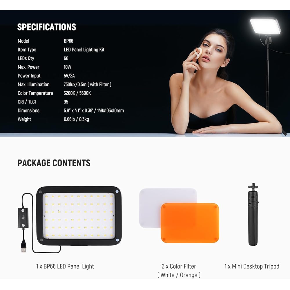 NEEWER BASICS LED Video Light, Photography Light, Dual Color Temperature, Dimmable (3200K-5600K), High Color Rendering Index (CRI 95), Compact and Lig