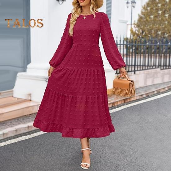 Платье для женщин осень-зима с длинными рукавами-фонариками, А-силуэтом, круглым вырезом, большим подолом, аппликацией в горошек, плиссированное, однотонное, для свиданий, поездок на работу, миди-платье