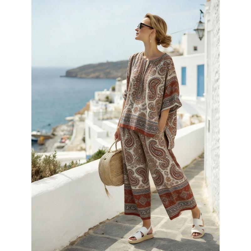 European and American casual style printing two-piece set 1116 new loose round neck shirt trousers set supply women's clothing