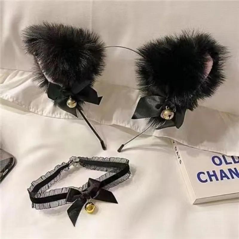 Милая плюшевая повязка на голову с кошачьими ушками, модная повязка на голову с бантом и колокольчиком для косплея, кружевное ожерелье с колокольчиком, комплект женских головных уборов для вечеринок