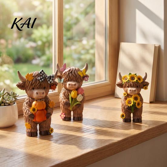 Cute Desk Decor for Office 4 Pcs Seasonal Highland Cow Figurines, Spring Summer Fall Winter Unique Gift Friends Seasons Scottish Statue, Resin