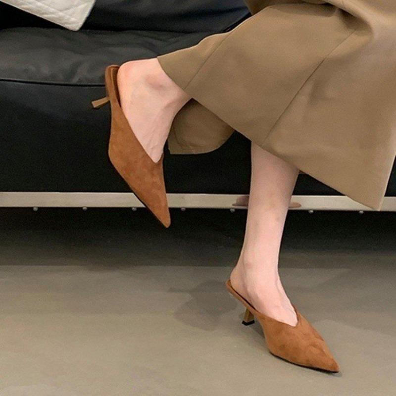Simple Thin Heel Baotou Slippers Summer New Pointed Toe Mid-buckle Suede Non-slip Wear-resistant Kitten Heels