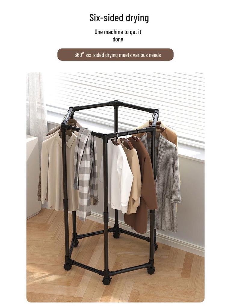 Hexagonal Rotating Indoor Clothes Drying Rack - Multi-Functional & Movable Floor-Standing Shelf