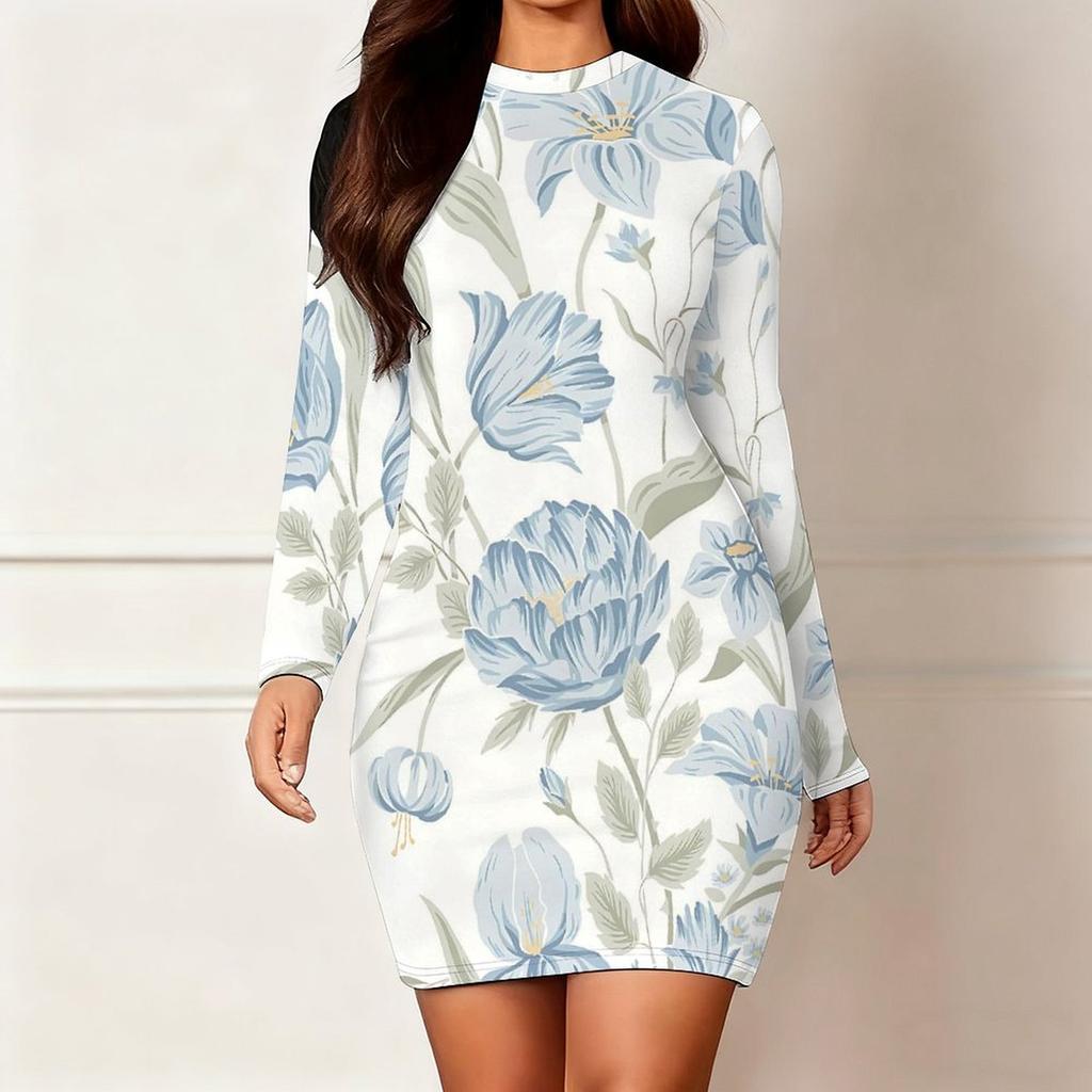 2025 Осень и Зима Новое Платье Женское Модное с 3D Цветочным Принтом и Окрашиванием, с Длинным Рукавом, Круглым Вырезом, Облегающее Бедра, Лимитированная Серия ко Дню Святого Валентина