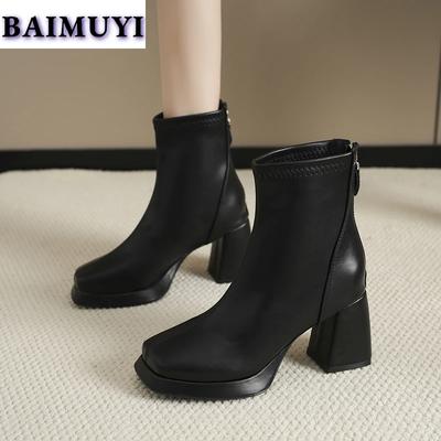 Женские ботильоны на высоком каблуке с квадратным носком, модные массивные кожаные туфли 2025 года, новый тренд в стиле ретро, удобные туфли-лодочки Chelsea Botas De Mujer