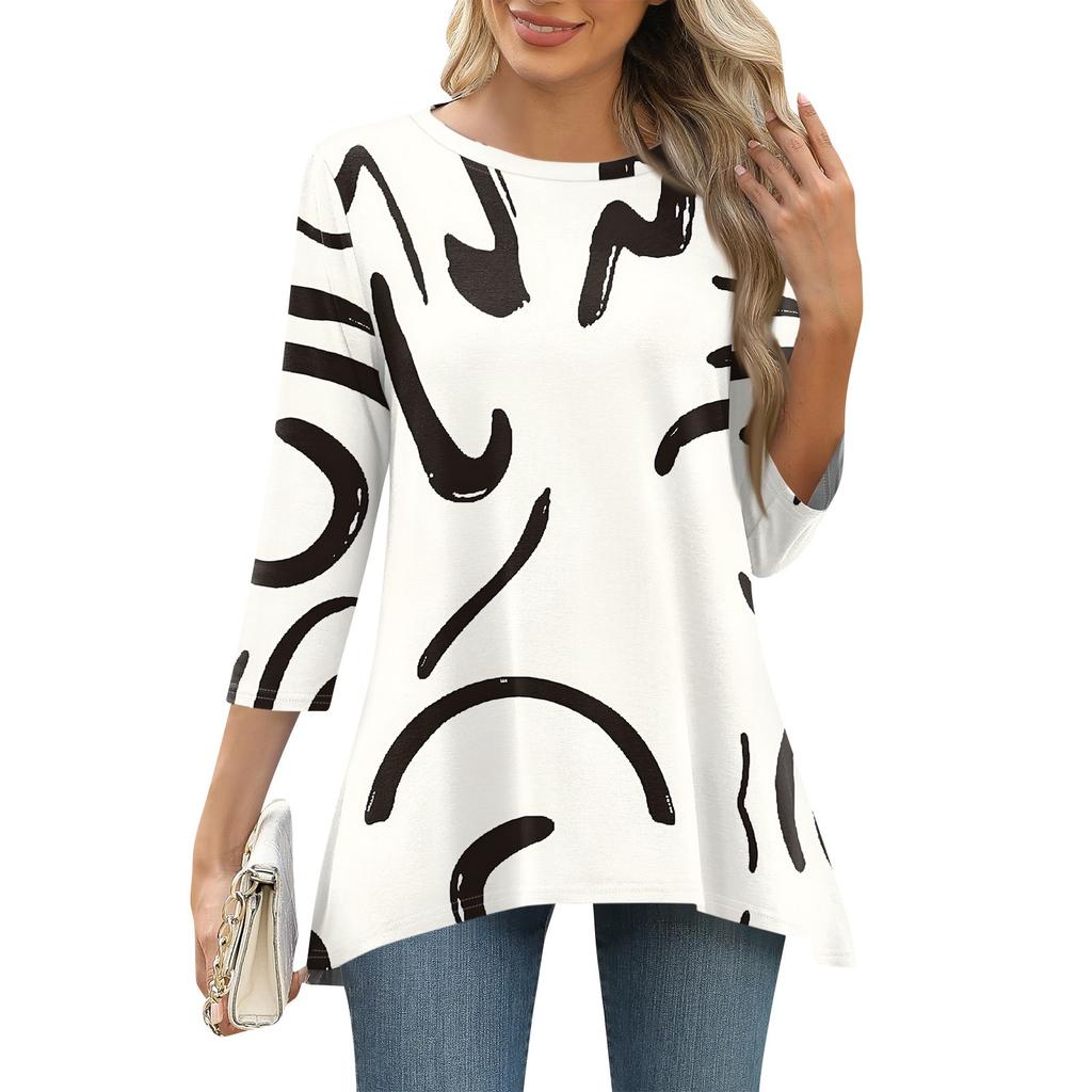 3/4 рукав туника топы для женщин принтованный повседневный выходной свободный крой модная базовая футболка с круглым вырезом