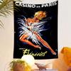 A glamorous woman in a feathered dress with bold text on a dark background. Patterned tapestry for bedroom and living room home decor