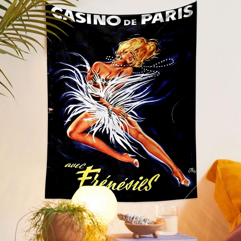 A glamorous woman in a feathered dress with bold text on a dark background. Patterned tapestry for bedroom and living room home decor
