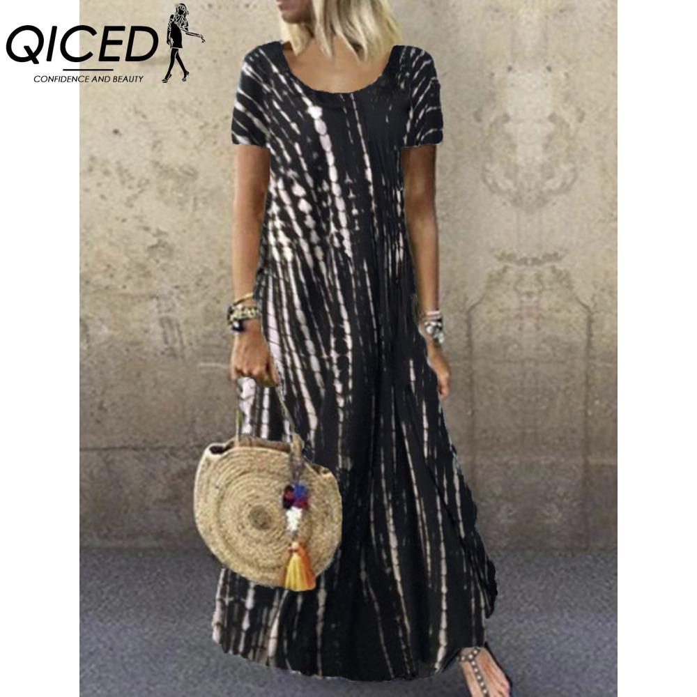 QICED S-5XL Женская мода лето весна повседневные короткие рукава О-образный вырез платья