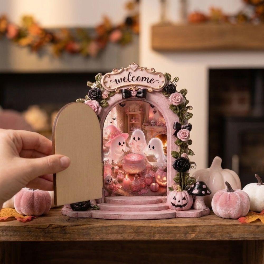 Pumpkin Mushroom Mini Wooden Ghost Door Figurine Welcome Ghost Door Craft Decor Holiday Party