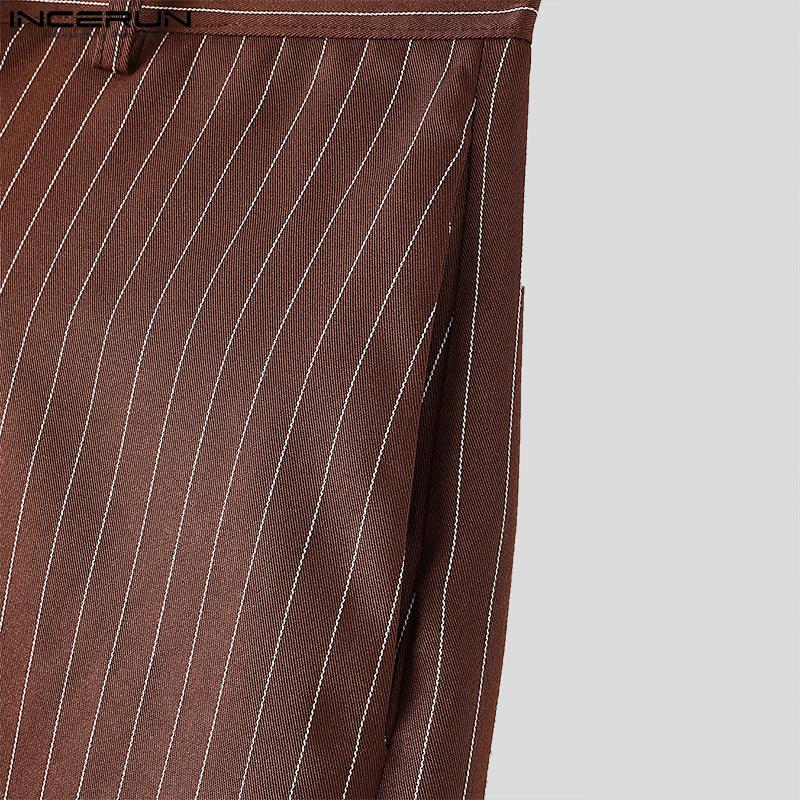 INCERUN Двухсекционный мужской круглый вырез полосатый разрез длинный рукав рубашки повседневный костюм брюки комплекты