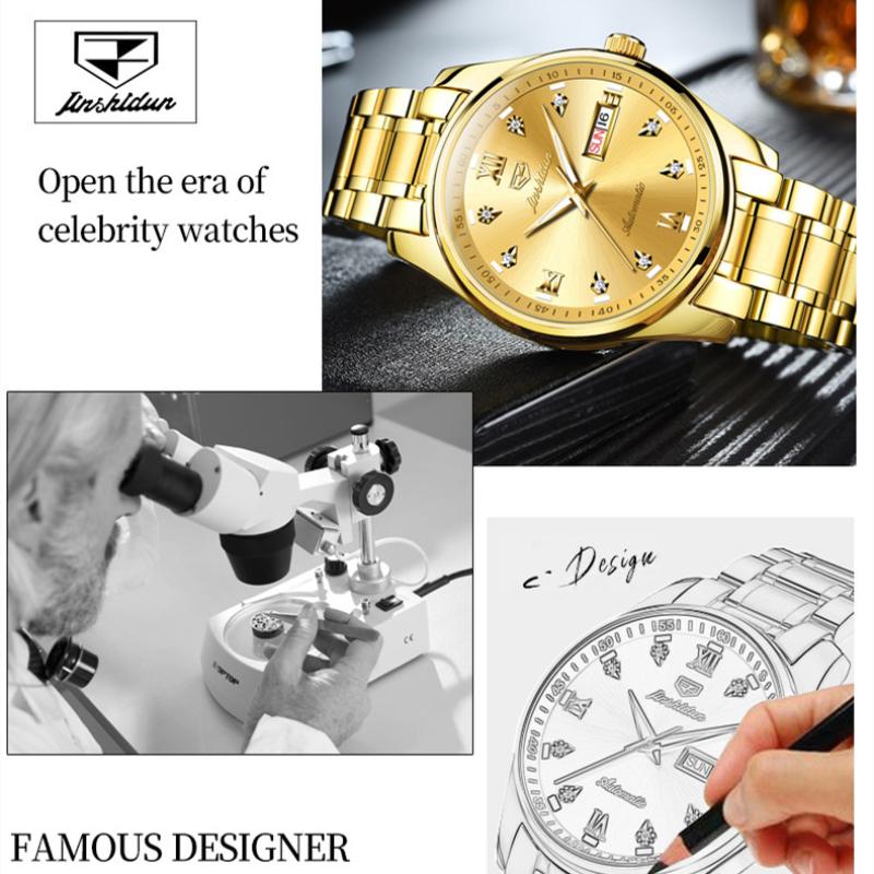 JINSHIDUN Новые деловые и развлекательные мужские часы, полностью автоматические механические часы с двойным календарем и ночной подсветкой, водонепроницаемые часы высокого класса