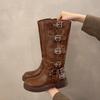 Осень и зима 2024 Винтажные сапоги Тонкие ковбойские сапоги в стиле вестерн Кожаные сапоги на среднем каблуке Кавалерийские сапоги