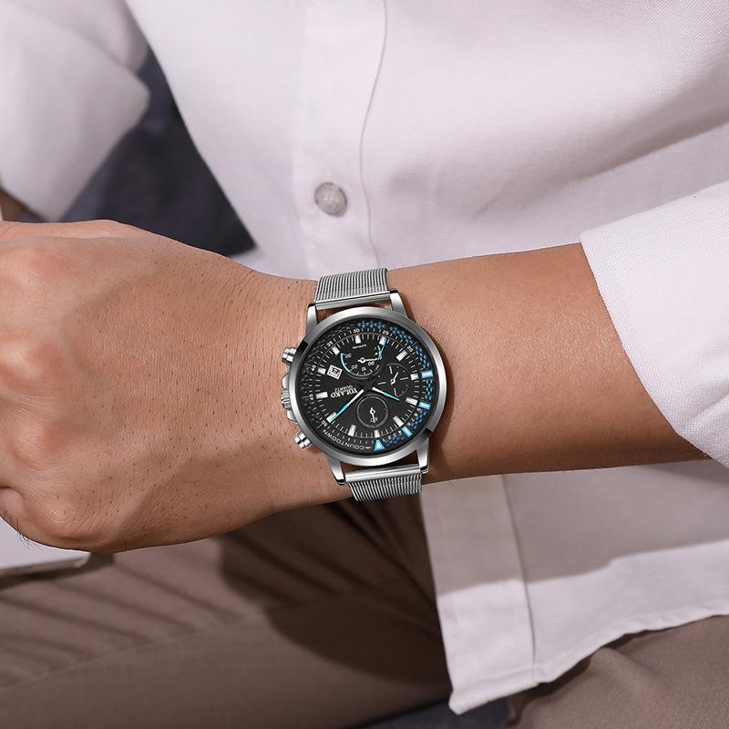 Новые цифровые мужские часы с тремя глазами и синей иглой, календарь, мужские часы, миланский ремешок, сетчатый ремешок, ремешок из нержавеющей стали