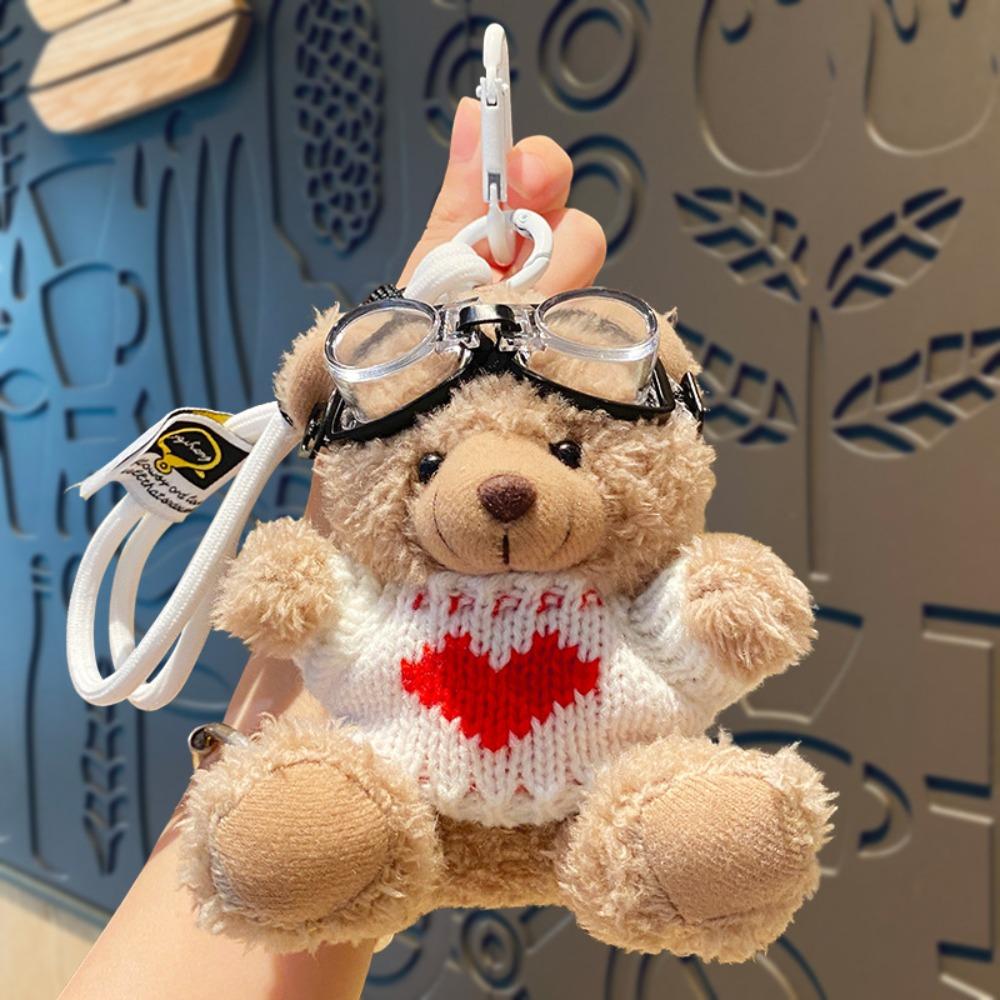 Pearl Plush Bear Key Ring Bell Stuffed Animal Pendant Creative Pilot Bear Keychain Bag