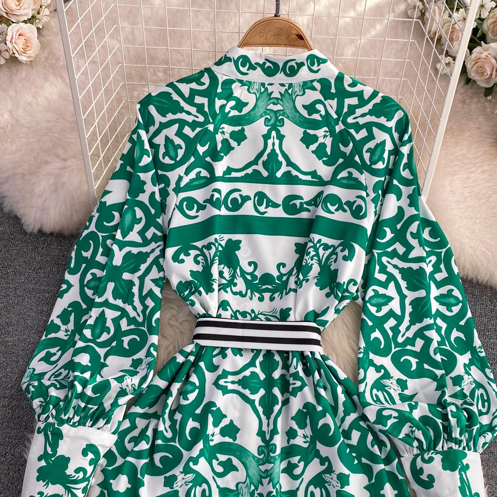 Осеннее модное богемное длинное макси-платье с геометрическим цветочным принтом, женское платье из поплина с воротником-фонариком и рукавами-фонариками на шнуровке, отпускные платья