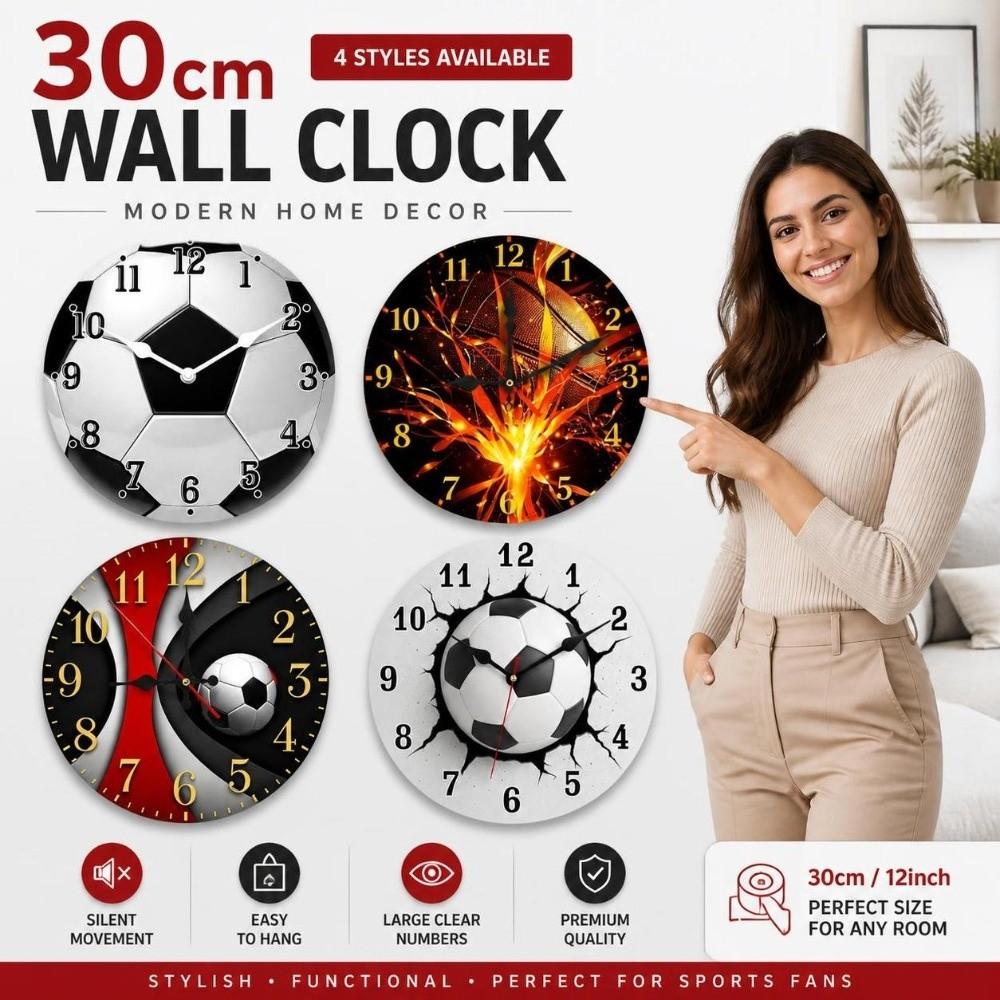 Solid Wood Football-Themed Wooden Clock Silent Soccer Quartz Clock Round Wall Clock  Living Room