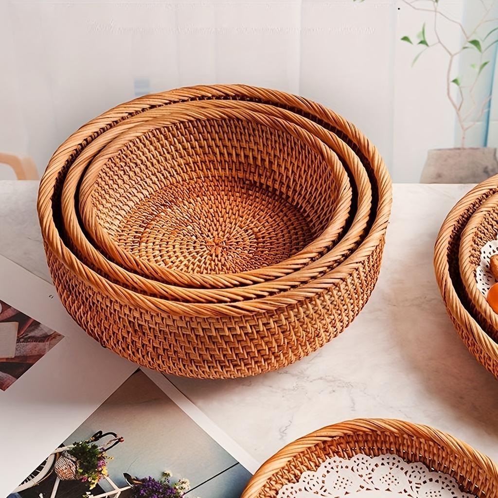 1pc/3pcs Rattan Fruit Basket Circular Woven Decorative Serving Basket Steamed Bun Basket Home Desktop Storage Box