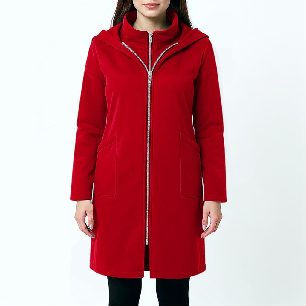 Women's Fashion Casual Solid Color Hooded Pocket Long Sweatshirt With Zipper, Mid-Length Fake Two-Piece Loose Coat