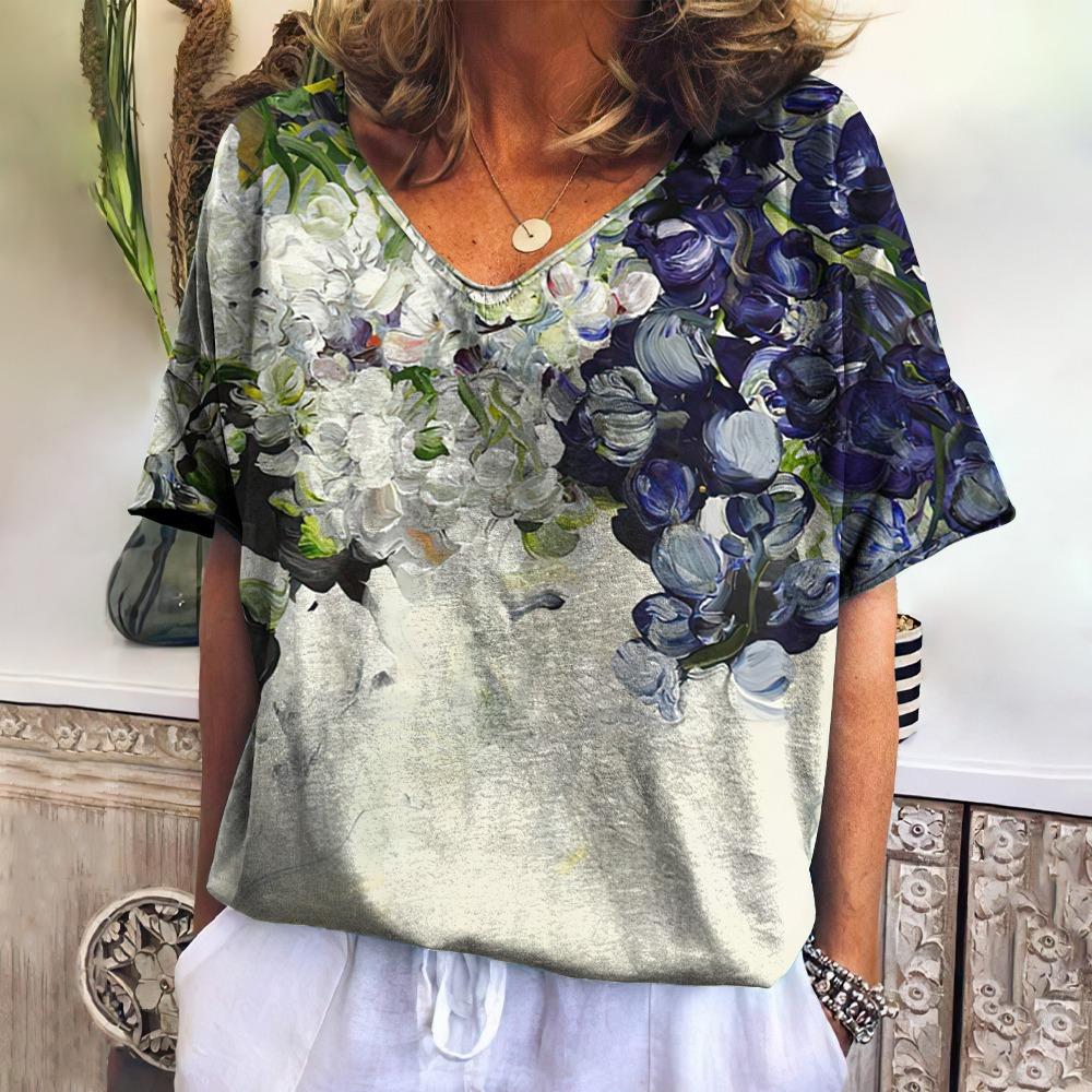 3D Art Print Tops Свободные футболки с коротким рукавом Летняя уличная мода Повседневные свободные женские футболки с V-образным вырезом Женская одежда