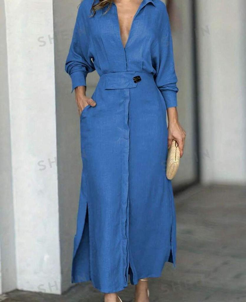 Элегантное синее платье с длинным рукавом для женщин на весну/лето