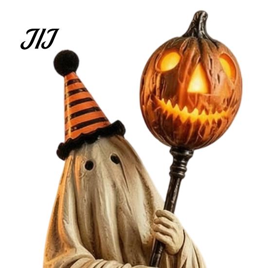 Remote Control Lighted Ornament Ghost Figurine with Control, Vintage Resin Statue Luminous Pumpkin Indoor Festive Display Scepter, Cute Spooky
